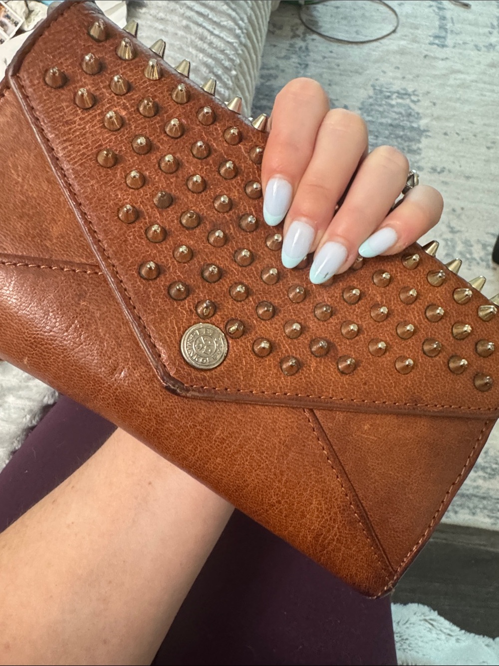 Rebecca Minkoff Studded Brown Leather Envelope Clutch wallet on a chain